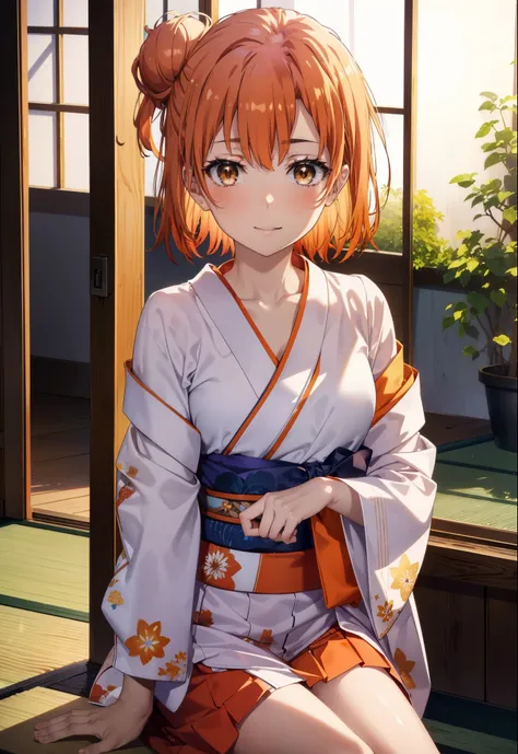 yuiyuigahama, yui yuigahama, short hair, (brown eyes:1.5), (orange hair:1.2), happy smile, smile, open your mouth,bun hair, single bun hair,bare shoulders,naked neck,bare clavicle, red gorgeous kimono,Red long skirt,white foot bag,tatami,sitting,sexy pose,...