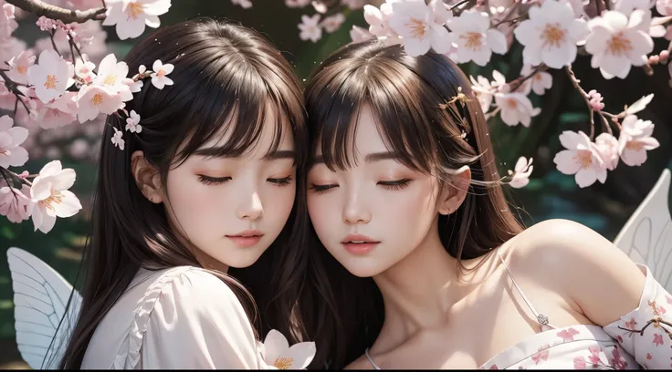 A beautiful fairy with wings、Sleeping、目を閉じてSleeping、With the fairy in front、Upper body、bangs、close up of face、glossy lips、afternoon library、sunlight filtering through the foliage、high resolution、mysterious、high resolution、 Around her are bright cherry blos...