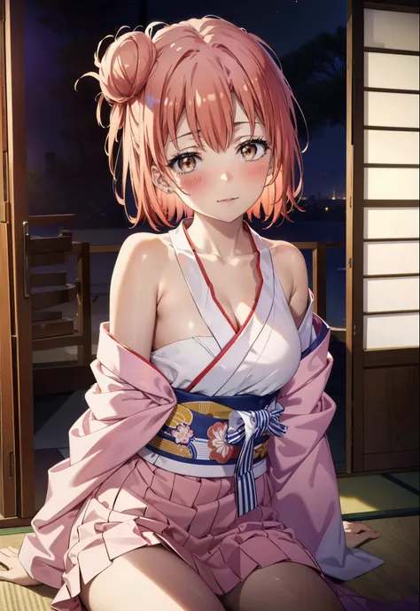 yuiyuigahama, yui yuigahama, short hair, (brown eyes:1.5), (pink hair:1.2), happy smile, smile, open your mouth,bun hair, single bun hair,bare shoulders,naked neck,bare clavicle, red gorgeous kimono,Red long skirt,white foot bag,tatami,sitting,sexy pose,
b...
