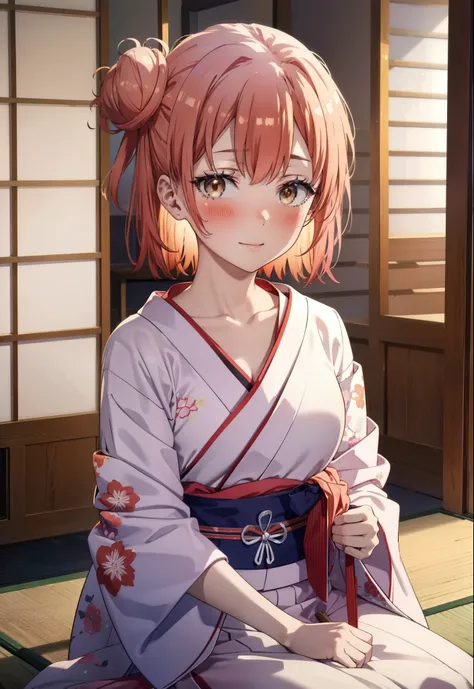 yuiyuigahama, yui yuigahama, short hair, (brown eyes:1.5), (pink hair:1.2), happy smile, smile, open your mouth,bun hair, single bun hair,bare shoulders,naked neck,bare clavicle, red gorgeous kimono,Red long skirt,white foot bag,tatami,sitting,sexy pose,
b...