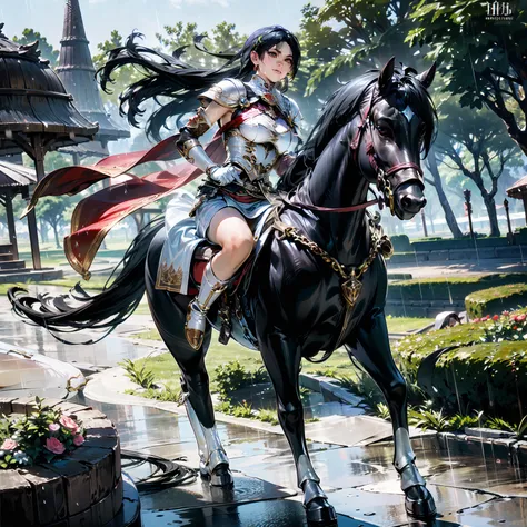 8k, realistic, vivid colors, ((best quality)), ((masterpiece)), (detailed), perfect face, long hair, {black hair}, BREAK, horseback riding, black horse, (saddle, stir ups, rein), running: 1.2, 20 years old, female knight, large breast, (white armor, white ...