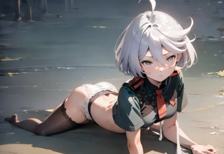 Spread legs,all fours ,crawling,up hip,Miorine rembran ,gray eyes,hair length,white hair,Ahoge,bangs,hair between eyes,(((realistic white lace bra,white lace panties ))),floating hair,medium chest,outdoor,masterpiece ,8k unity wallpaper,anime key visual,hi...