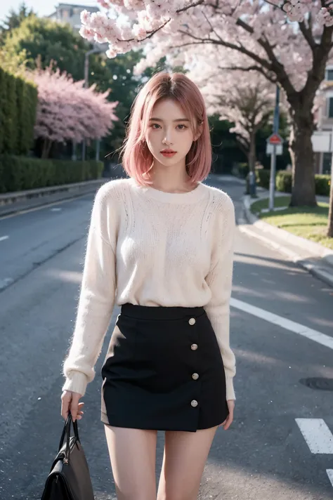 masterpiece, best quality, Super detailed, illustration, wide angle, 1 girl standing in the middle of the road, alone, Middle road and pink cherry blossom trees on the roadside, whole body, 1920s, pink hair, sweater, short skirt, Fashion,, work, balance, ,...