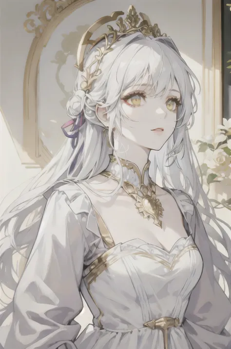 White-haired woman, golden eyes, White Victorian Dress, White skin, elegant, royalties, young woman, alone, Mature, fair