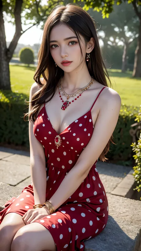 best quality, masterpiece, 1girl, (polka dot dress), red dress, hair ornament, necklace, (jewellery:1.8), Beautiful face, small breasts, tyndall effect, photorealistic, rim lighting, two tone lighting, (high detailed skin:1.2), dslr, (spreading light:1.5) ...