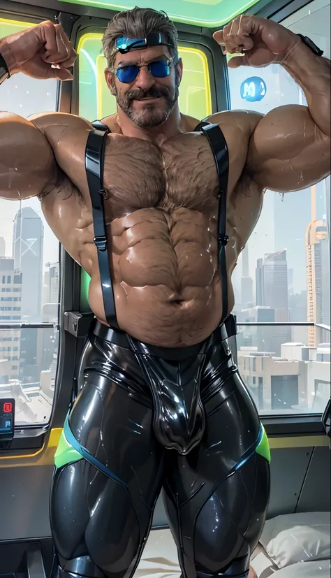 full body portrait, strong burly hairy mature older man(space captain), wearing futuristic captains uniform insignia (neon and black) (open and revealing) (latex) , gray hair, reflective sunglasses (neon yellow rims), broad shoulders, round belly, thick fe...