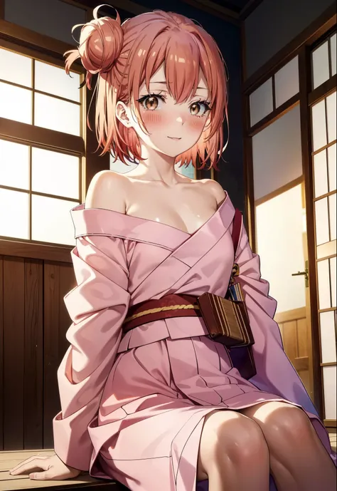 yuiyuigahama, yui yuigahama, short hair, (brown eyes:1.5), (pink hair:1.2), happy smile, smile, open your mouth,bun hair, single bun hair,off shoulder,bare shoulders,naked neck,bare clavicle, red gorgeous kimono,Red long skirt,white foot bag,tatami,sitting...