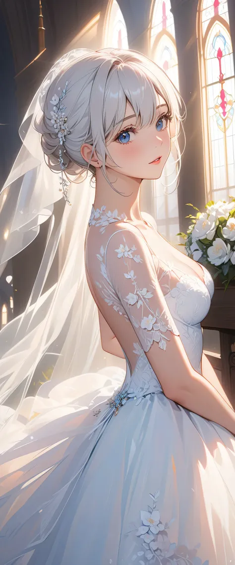 masterpiece, top quality, Super details, 8K, Detail lights, Detailed shadows, raw, (delicate skin), (real: 1.2),, 1 girl, white hair, White sexy transparent wedding dress,Eye close-up,church