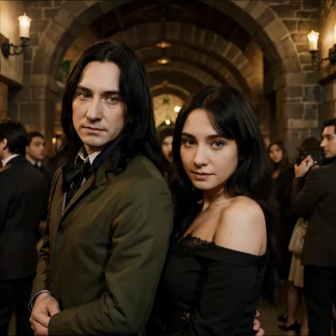 A beautiful black-haired girl with green eyes goes to a Yule ball with Severus Snape on her arm., and they look at them with admiration. pixar 3d cartoon