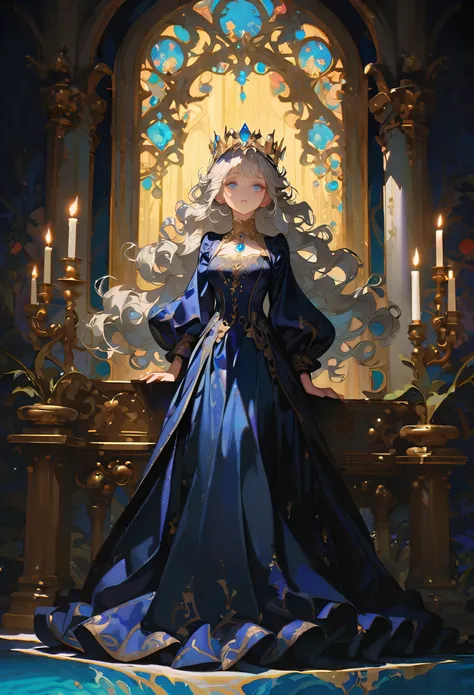 A woman, incomparably beautiful, with a dark blue dress, long silver hair, curly hair, wearing a blue jewel crown, lake blue eyes, a calm expression, very elegant, indifferent, leaning against the curtains, indoors, palaces, resplendent with gold, light go...