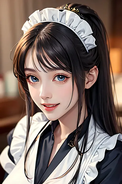 18 year old beautiful girl, Big eyes, big breasts,  and a thin, 8K, highest quality, (highly detailed head: 1.0), (highly detailed face: 1.0), (very fine hair: 1.0), Maid clothes, Highly detailed official artwork, anime moe art style, clean detailed anime ...