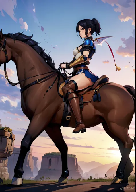 4k, 8k, hdr, wallpaper, ((best quality)), ((masterpiece)), (detailed), FULL BODY, view from side, perfect face, anime style, pixie cut, {black hair}, both hands holding tightly, reins, (female knight, brown eyes, white armor, black miniskirt, golden gauntl...