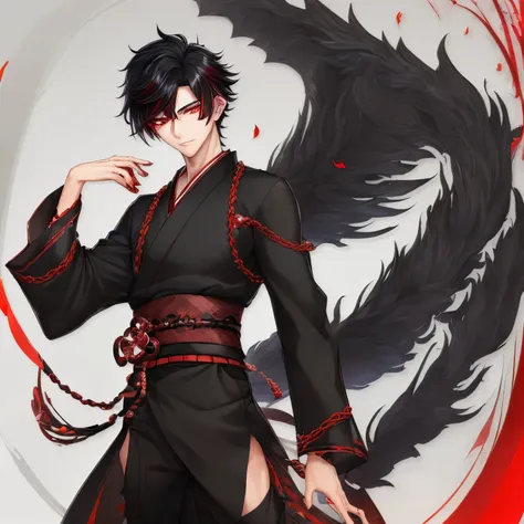 a young man with a handsome face, red ruby eyes, and black hair with a tousled wolf haircut, he wears a black komono katahada st...