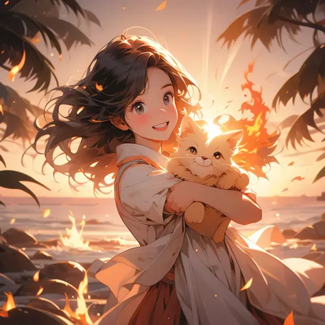 sunrise、girl，Happy，Surrounded by flames，optimism、Motivated、Sunlight