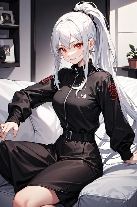 girl,family room,daily wear with black jacket,long hair,white hair,ponytail hairstyle,red eyes,smile expression,medium tits,sitting on the sofa looking at the camera