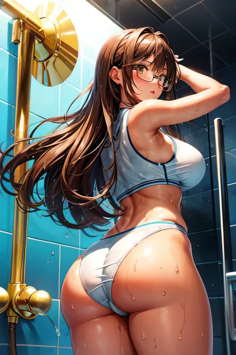 High resolution, high quality, 1 girl, anime girl, brown long hair, brown eyes, Green glasses, tanned skin, big breasts, (big ass),beautiful butt,sweat,wet,highleg cheerleader,arms behind head,raise your legs,at shower,(water),