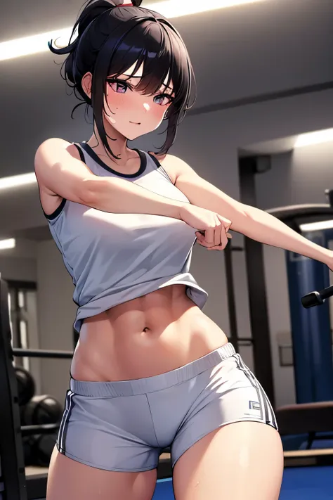 best quality, super fine, 16k, incredibly absurdres, extremely detailed, beautiful cute woman sweating in the gym, excited look, ivory short ponytail, wearing loose shirts, loose sports shorts, abs, superlative body proportion, lighting magic