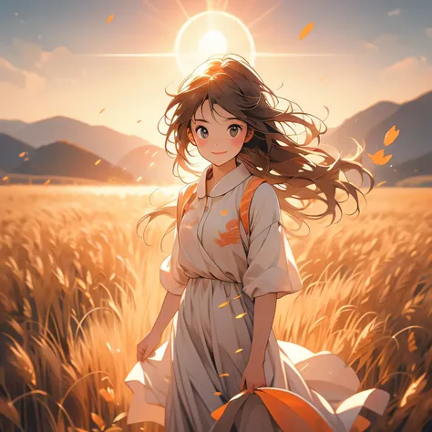 sunrise、Girl standing in a wheat field，Happy，Surrounded by flames，optimism、Motivated、Sunlight，Real wheat field，Fish-shaped flames are everywhere