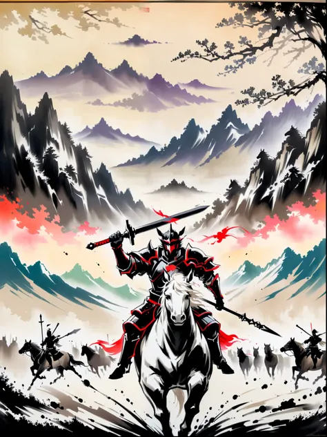 Tree，mountains，ink painting，一幅手持sword骑在horse上的男子与背景中一群骑horse的人的画，1 boy，hold，color，arms，male focus，sword，holdarms，armor，helmet，长spear，spear，Riding，hold长spear，horse，骑horse，Letterbox format，Partial coloring