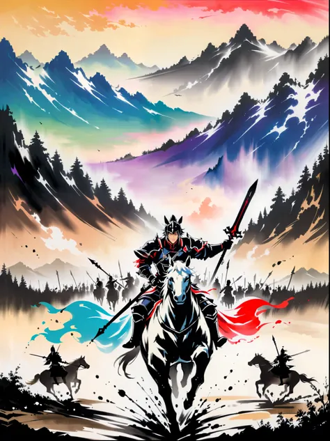 Tree,mountains,ink painting,一幅手持sword骑在horse上的男子与背景中一群骑horse的人的画,1 boy,hold,color,arms,male focus,sword,holdarms,armor,helmet,长spear,spear,Riding,hold长spear,horse,骑horse,Letterbox format,Partial coloring