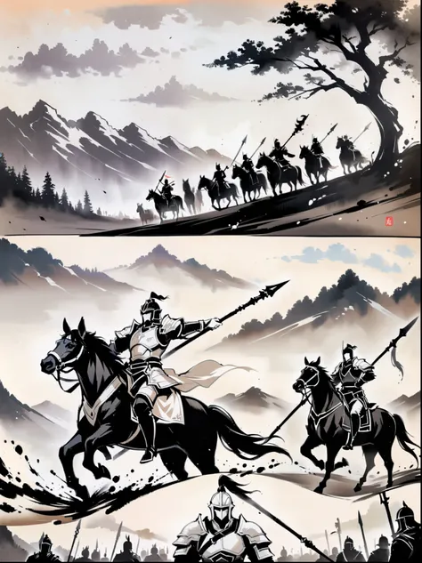 masterpiece，Collage, tree,mountains, ink painting,a painting of a man on a horse with a sword in his hand and a group of men on horses in the background,1boy,holding,monochrome,weapon,greyscale,male focus,sword,holding weapon,armor,helmet,polearm,spear,rid...