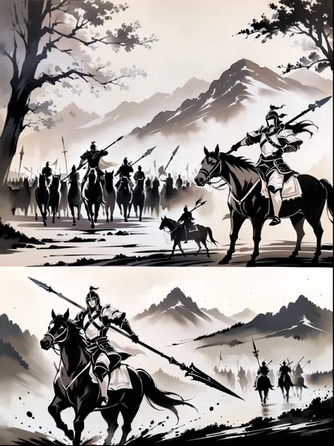 masterpiece,Collage, tree,mountains, ink painting,a painting of a man on a horse with a sword in his hand and a group of men on horses in the background,1boy,holding,monochrome,weapon,greyscale,male focus,sword,holding weapon,armor,helmet,polearm,spear,rid...