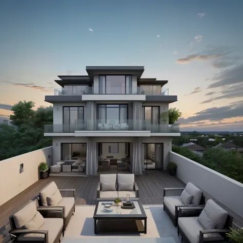 Design an illustration of a two-story house with a captivating sky view feature on the second floor. The house should have a contemporary architectural style, blending functionality with elegance. The second floor should feature a spacious terrace or balco...