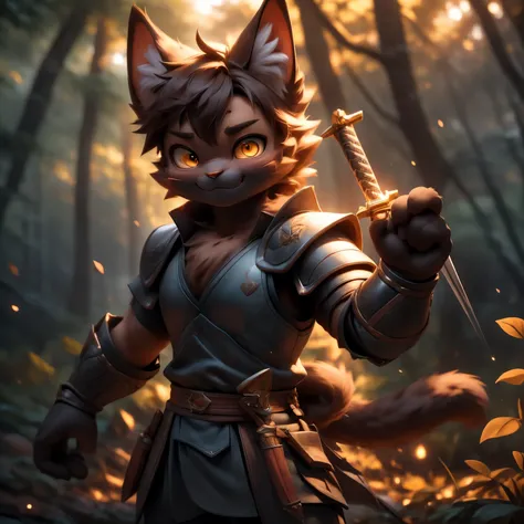 比類のないmasterpiece, Ultra-realistic 8k CG, perfect artwork, 8k wallpaper, {{{masterpiece}} }, Tonkinese,Black and brown cat,Handsome guy,in the forest,Sword and Armor,smile,challenging,Yellow with black eyes,