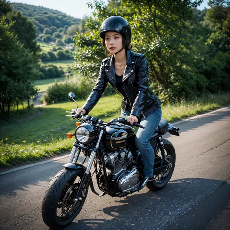 a girl riding a café racer motorcycle, wearing a black leather jacket and black boots, with a retro helmet. the motorcycle has a...