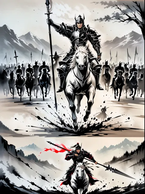 masterpiece，Collage, tree,mountains, ink painting,a painting of a man on a horse with a sword in his hand and a group of men on horses in the background,1boy,holding,secretion,weapon,greyscale,male focus,sword,holding weapon,armor,helmet,polearm,spear,ridi...