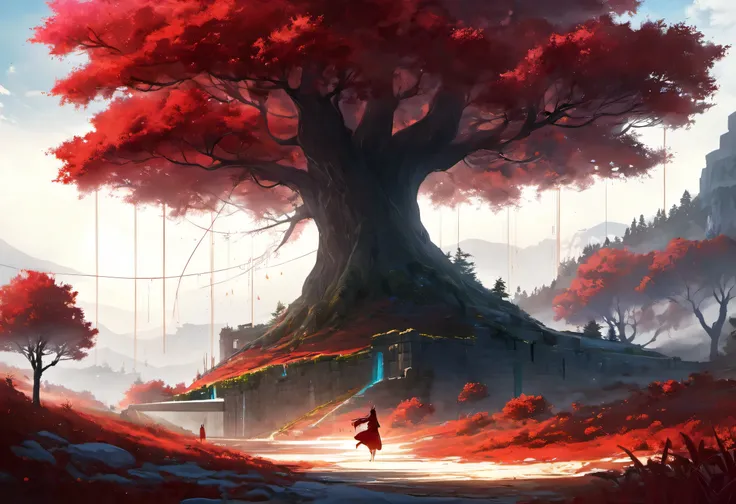 super high quality, hdri, beautiful and fantastically designed, deep crimson, beautiful and fantastic scenery, a medium size tree in the middle, in detail, cinematic parallax, creating scenes that blur the line between reality and the magic of Greek mythol...