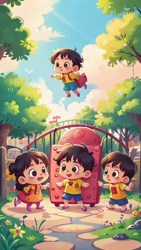 Children playing in the children&#39;s playground, slide,cute illustration, japanese kawaii style, cute digital art, lovely artwork, kawaii, Lovely and detailed digital art,