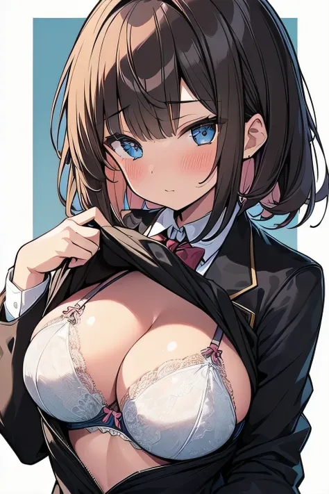 (best quality), (Super detailed), (Best Illustration), (1girl), look at viewer, upper body, (black blazer:1.2), (clothes lift:1.3), (large breasts:1.2), (show off bra:1.3), blush, brown hair, (bob cut), curly hair, hairs between eyes, blue eyes, (school:1....