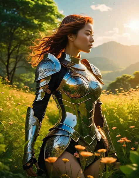 
A stunning portrayal captured by the talented artist Kentaro Miura on Artstation, presents a captivating scene of a woman gracing a lush, sun-kissed meadow, observed from a striking vantage point behind her. The vivid depiction offers a photo-realistic re...