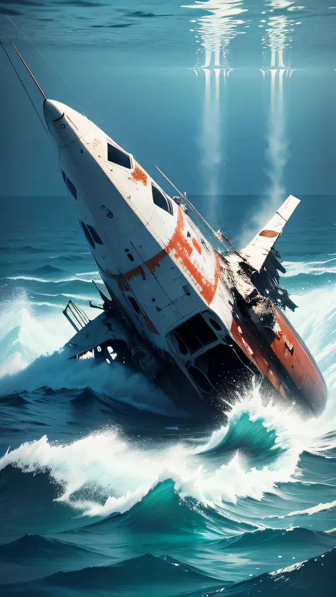 the plane crashed into the sea, broken, destroyed, underwater, 8k, high quality 