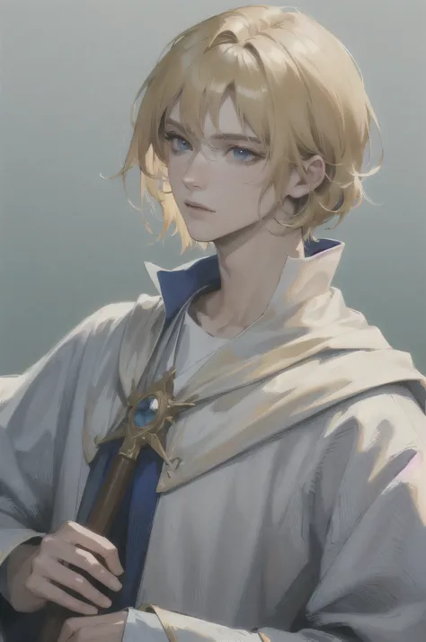 (Highest resolution, clearly_image), best quality, masterpiece, Very detailed, Semi-realistic, Blonde short hair man, young, mage, magic, wooden magic wand, white mage clothes, robe, middle Ages，face close-up