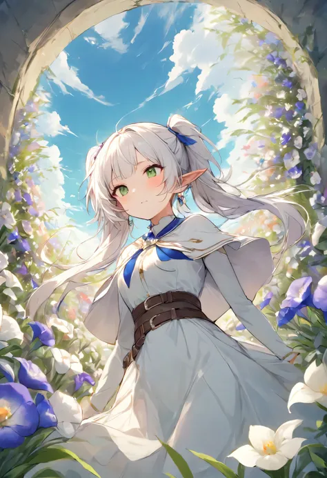 masterpiece, best quality, very aesthetic, absurdres, 

Frieren frolicking in a field of plumeria flowers, 1 girl, elf, alone, sharp_ear, twin tails, green_eye, length_hair, jewelry, white_hair, white capelet, earrings, capelet, belt,shirt, dress, Broke up...