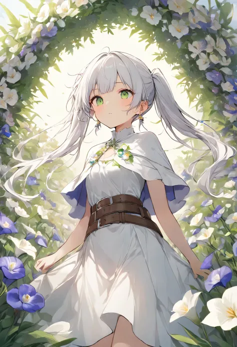 masterpiece, best quality, very aesthetic, absurdres, 

Frieren frolicking in a field of plumeria flowers, 1 girl,alone,sharp_ear,twin tails,green_eye,length_hair,jewelry,white_hair,white capelet,earrings,capelet,belt,shirt,dress,Broke up_front hair,length...