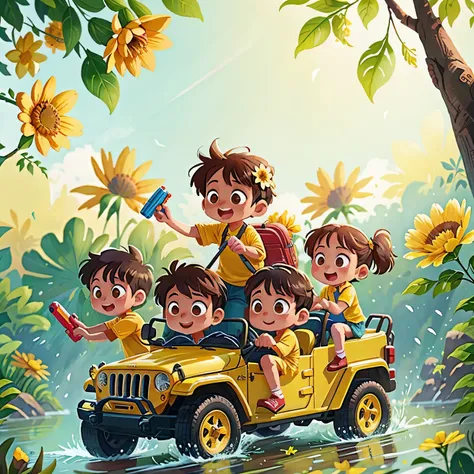 a group of children riding jeep in water festival, happy, holding water gun, yellow flower tree background