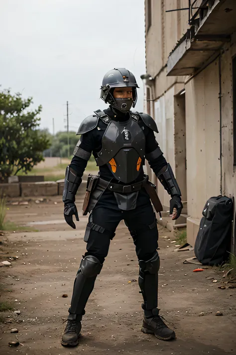 a warrior，Wear a helmet，In combat gear，Powerful exoskeleton