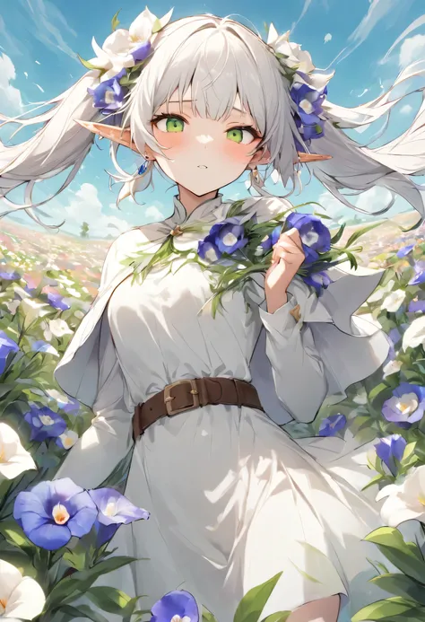 masterpiece, best quality, very aesthetic, absurdres, 

Frieren frolicking in a field of plumeria flowers, 1 girl, elf, alone, sharp_ear, twin tails, green_eye, length_hair, jewelry, white_hair, white capelet, earrings, capelet, belt,shirt, dress, Broke up...