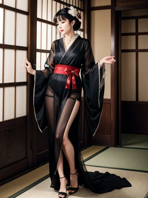 looking at the viewer ,See-Through ,Black face veil , black nylon , silk stockings ,See-through hakama 、Transparent black kimono　,sheer lingerie, enamel high heels, pearl necklace, red collar, straight,　shortcut,　hair ornaments,　kimono　,  taishou