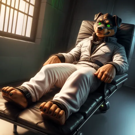 (((barefoot furry character, full body, cinematic setting, male))) rottweiler in (padded) cell, wears long white pants, ((streig...