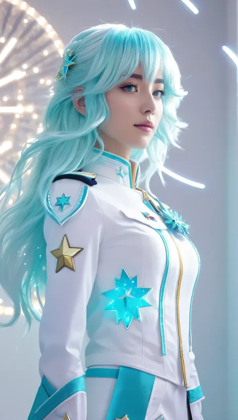 masterpiece, best quality, (Anime:1.4), pastel anime backlit pleiadian female,platinum white gradient hair,turquoiseblue pleiadianfederation uniform,small geometric goldstar emblem on uniform, shimmering lights, white wall in background, whirls of vapor, i...