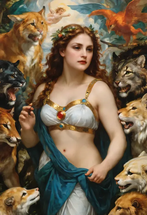 an oil painting art piece depicting the Greek Goddess Circe from Greek or Roman mythology, inspired by Peter Paul Rubens painting style. Capture Circes magical and enchanting presence as she stands with a mystical aura, surrounded by enchantments and mythi...