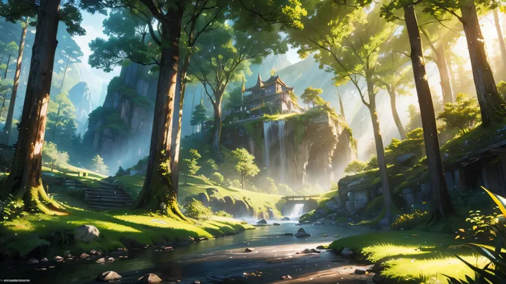 highest quality: 1.0), (ultra high resolution: 1.0),illustration、fantasy、background、landscape、in a mysterious forest、majestic mountain、sunlight filtering through the foliage