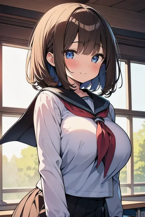 (best quality), (Super detailed), (Best Illustration), (1girl), look at viewer, upper body, (long sleeve, white serafuku), (large breasts:1.2), light smile, blush, brown hair, (bob cut), curly hair, hairs between eyes, blue eyes, (school:1.3),