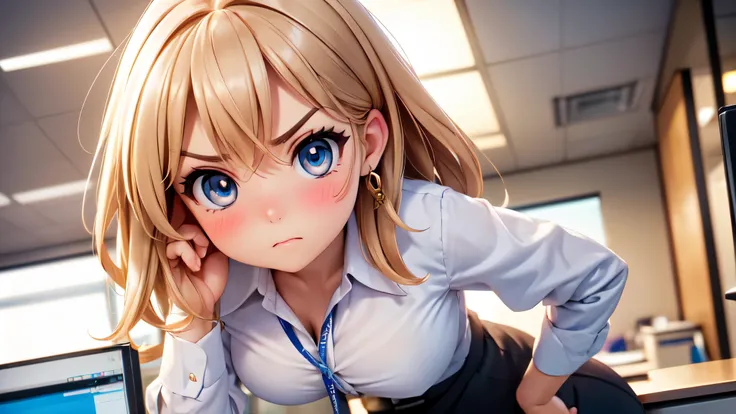 (high quality, High resolution, fine details, actual), ((((Cheeks swell)))), Put your hands on your hips, rely on, alone, miss, ((Female office worker)), Bright Eyes, (exquisite eyes), angry, blush, Shallow depth of field