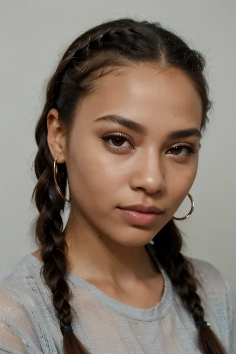 (best quality,highres,ultra-detailed,masterpiece:1.2),perfect face,detailed,long cornrow braids,hazel colored eyes,beautiful 25-year-old African American girl,vibrant makeup,flawless skin,stylish fashion,confident pose,dynamic lighting,urban background,con...