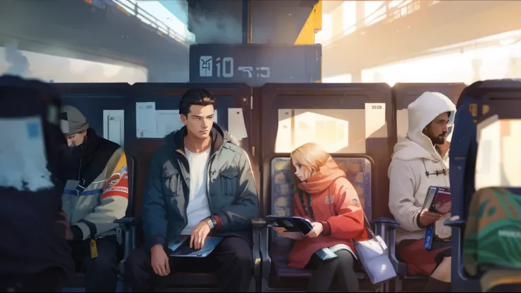 Someone is on the train with a cell phone., at sunrise, Gouache style art, detailed Digital Artwork, Take it easy, Portrait, Realistic scene, By Galen Dara, Truly realistic images, morning glow, Digital Artwork, during sunrise, with cinematic lighting, off...